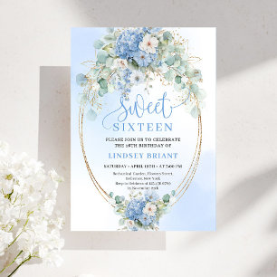 Trendy Blue Hydrangea Gold Frame 16th Birthday Invitation