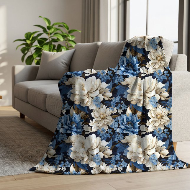 Trendy Blue Ivory Floral Cosy Soft Throw Blanket (Trendy Blue Ivory Floral Cozy Soft Throw Blanket)