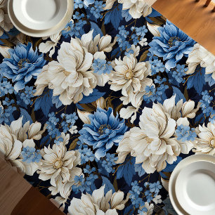 Trendy Blue Ivory Floral Stylish Tablecloth
