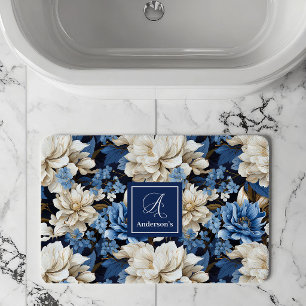Trendy Blue Ivory Flowers Personalised Bath Mat