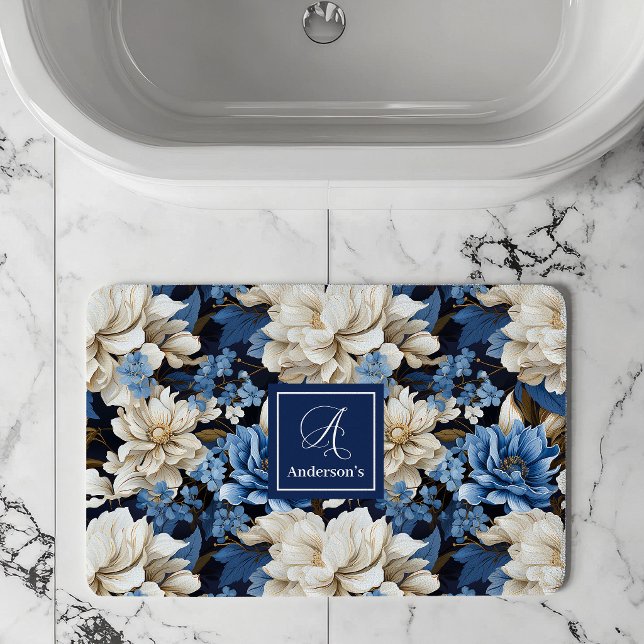 Trendy Blue Ivory Flowers Personalised Bath Mat (Trendy Blue Ivory Flowers Personalized Bath Mat)