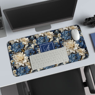 Trendy Blue Ivory Flowers Personalised Desk Mat