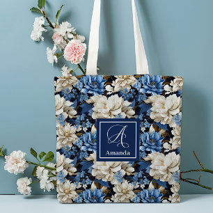 Trendy Blue Ivory Flowers Personalised Tote Bag
