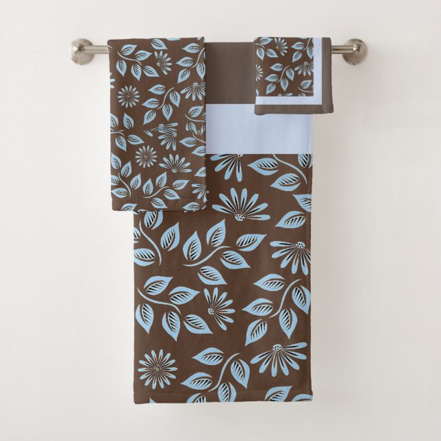 Trendy Blue Leaves on Brown / Monogram Bath Towel Set (Insitu)
