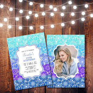Trendy Blue Mint Stripes Floral Photo Birthday  Invitation