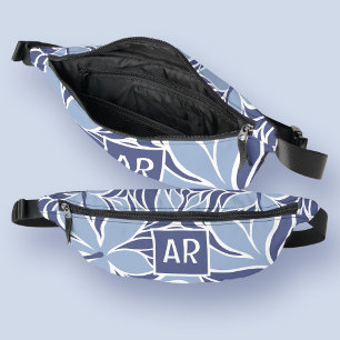 Trendy Blue Modern Floral Pattern Monogram Travel Bum Bags