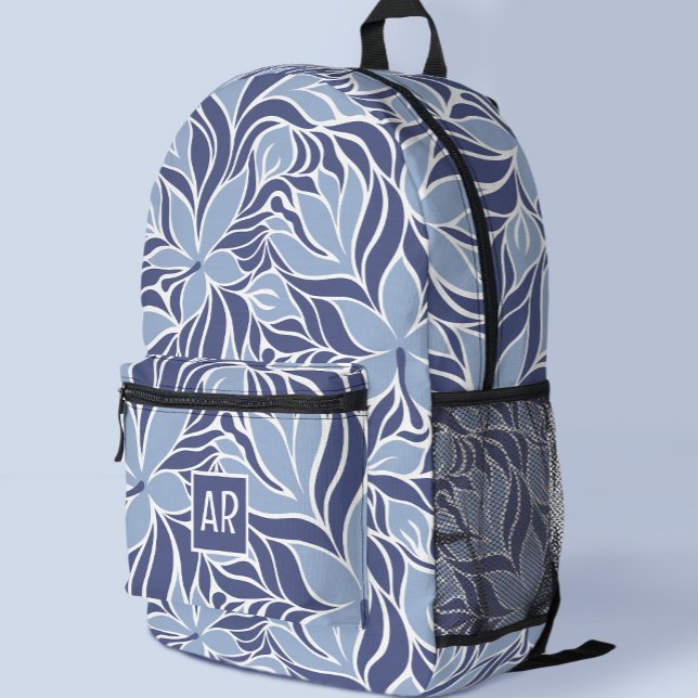 Trendy Blue Modern Floral Pattern Monogrammed Printed Backpack (Trendy Blue Modern Floral Pattern Monogrammed Printed Backpack
)