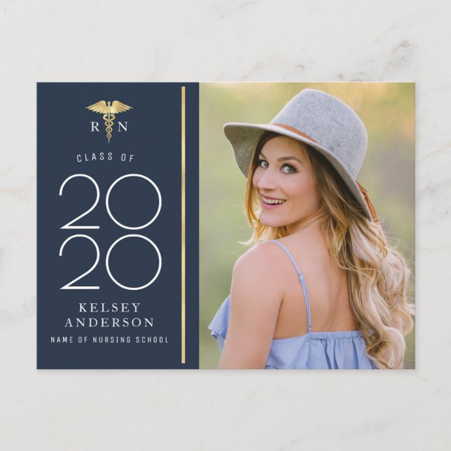 trendy blue nursing school graduation announcement postcard (Front)