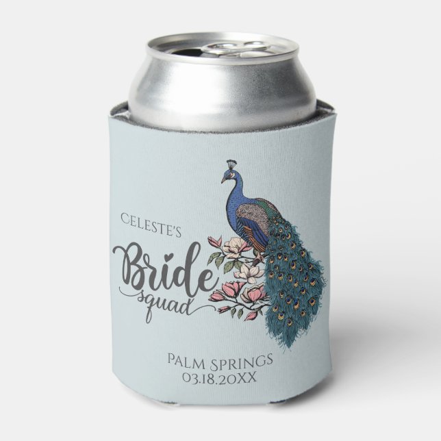 Trendy Blue Peacock Bride Squad Can Cooler (Can Front)