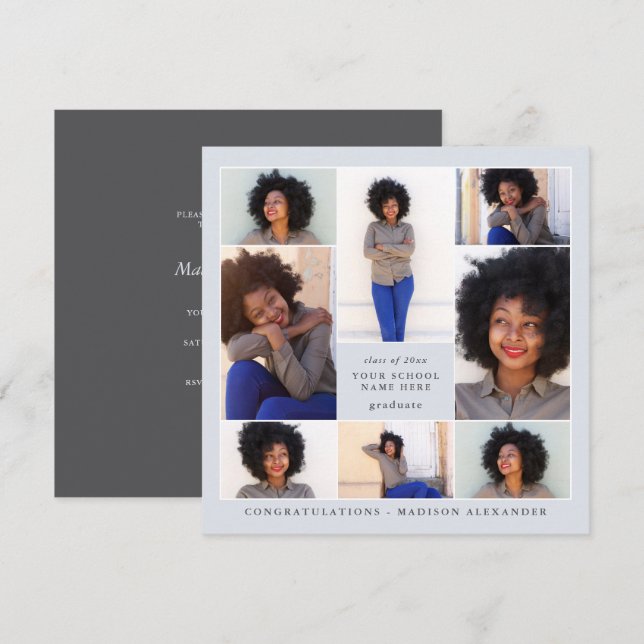 Trendy Blue Photo Collage Graduation Party Invitation (Front/Back)