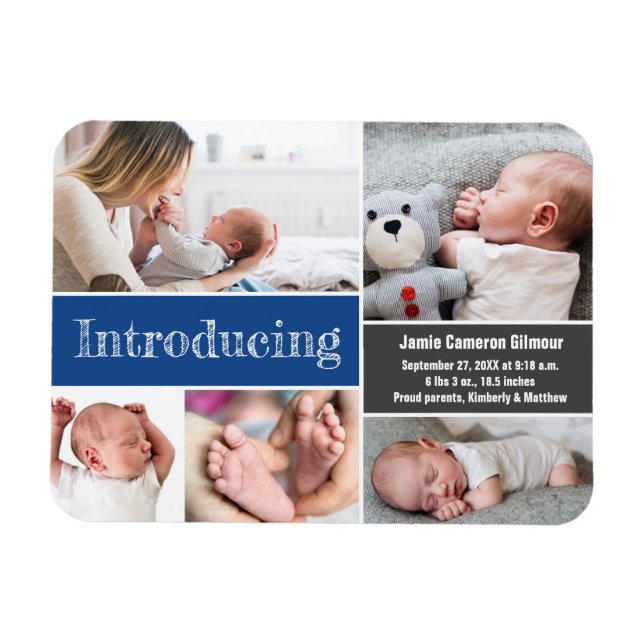 Trendy Blue Photos Introducing Baby boy  Magnet (Horizontal)