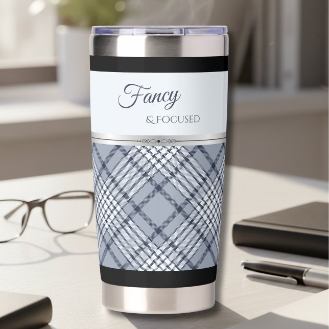 Trendy Blue Plaid Fancy and Focused Travel Mug Insulated Tumbler (Personalized, insulated, and perfectly plaid travel mug)