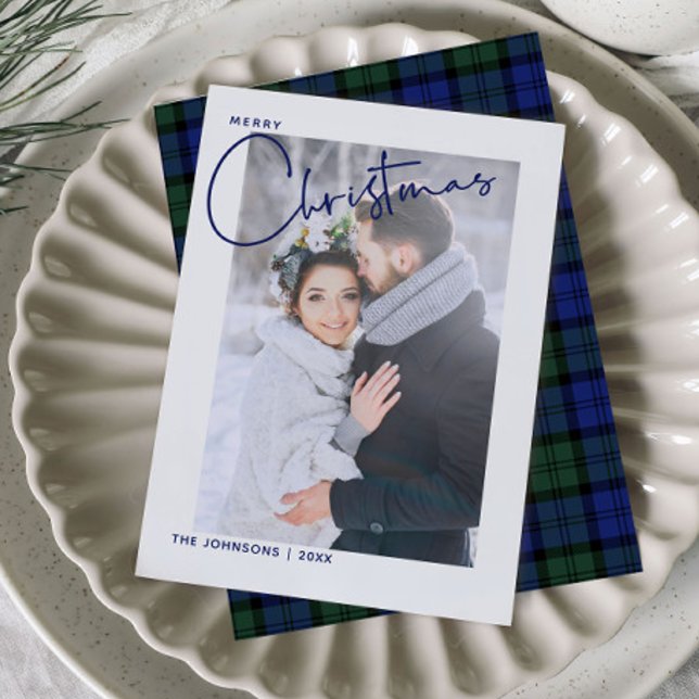 Trendy Blue Plaid Merry Christmas Script Photo Holiday Card (Creator Uploaded)