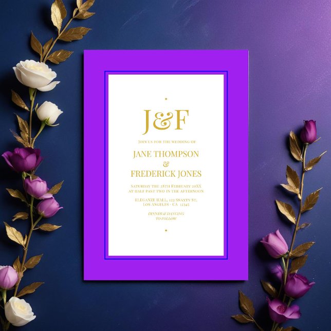 Trendy Blue, Purple, Gold, and Black Wedding Invitation (Blue, Purple, Gold, and Black Wedding)