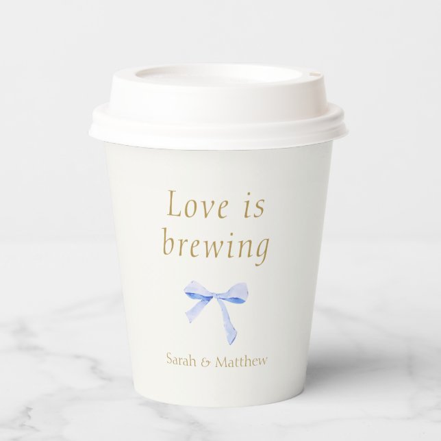Trendy Blue Ribbon | Love is Brewing Wedding Paper Cups (Front)