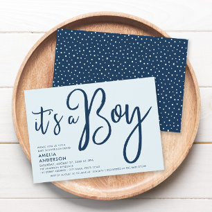 Trendy Blue Script It's a Boy Baby Shower Invitation