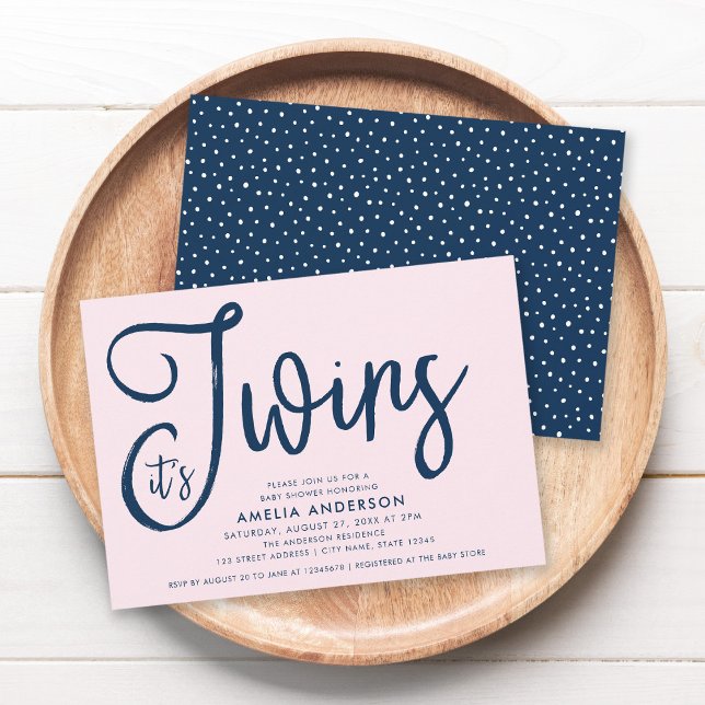 Trendy Blue Script It's Twins Girl Baby Shower Invitation (Creator Uploaded)