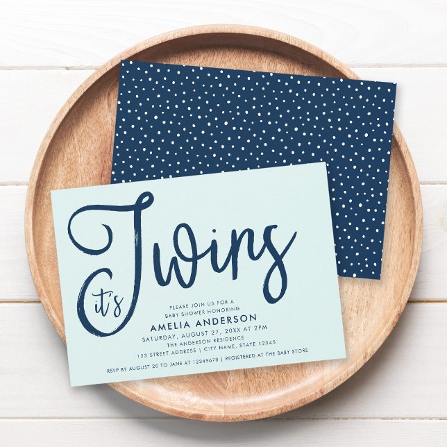 Trendy Blue Script Mint It's Twins Baby Shower Invitation (Creator Uploaded)