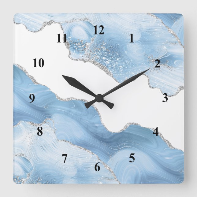 Trendy Blue Silver Agate Square Wall Clock (Front)