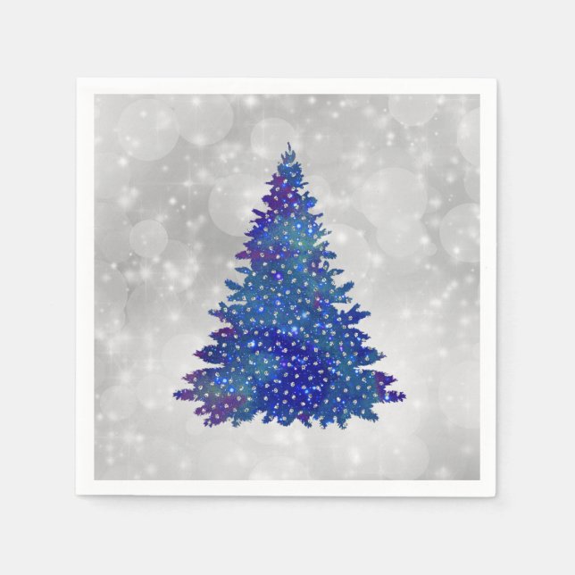 Trendy Blue Silver Glitter Tree Christmas Napkin (Front)