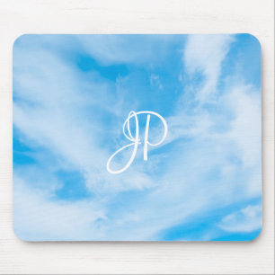Trendy Blue Sky White Clouds Handwritten Monogram Mouse Mat