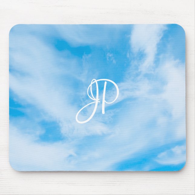 Trendy Blue Sky White Clouds Handwritten Monogram Mouse Mat (Front)