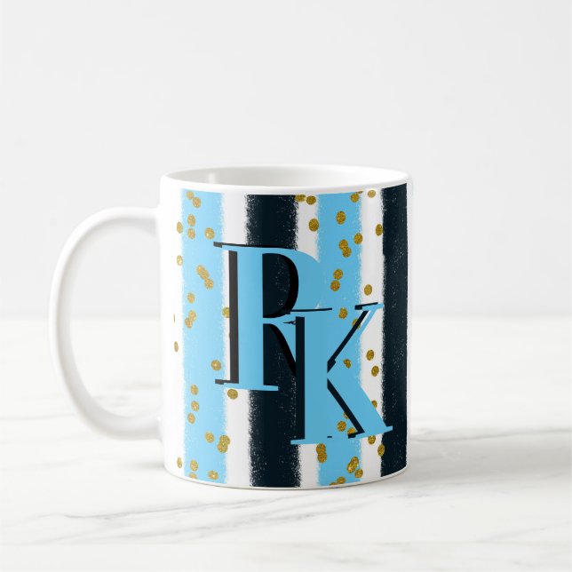 Trendy Blue Stripe Gold Glitter Monogram Glam Coffee Mug (Left)