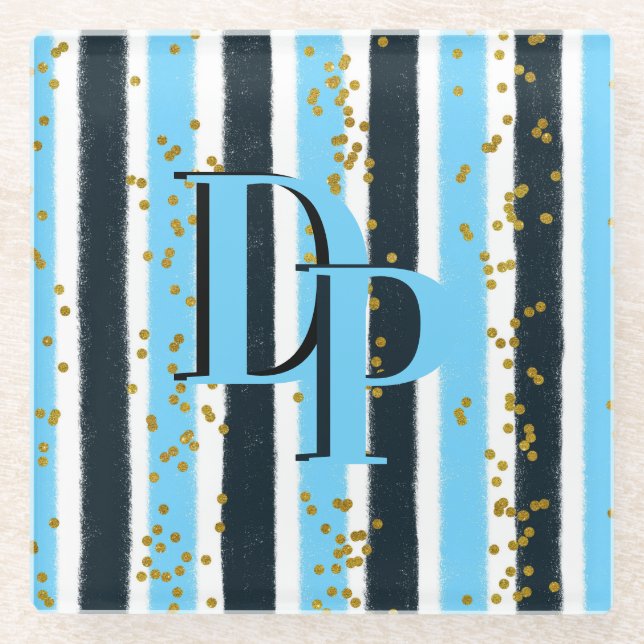 Trendy Blue Stripe Gold Glitter Monogram Glam Glass Coaster (Front)