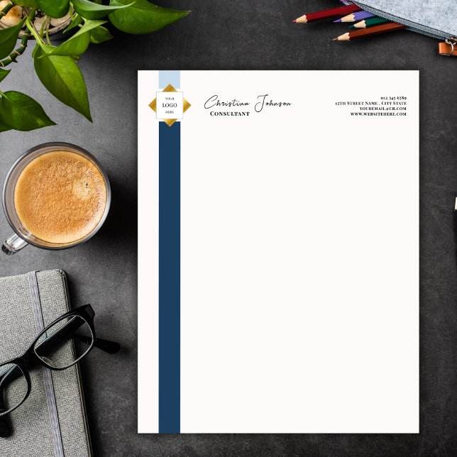 Trendy Blue Stripes Gold Logo Custom Letterhead (Creator Uploaded)