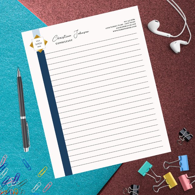 Trendy Blue Stripes Gold Logo Notepad (Creator Uploaded)