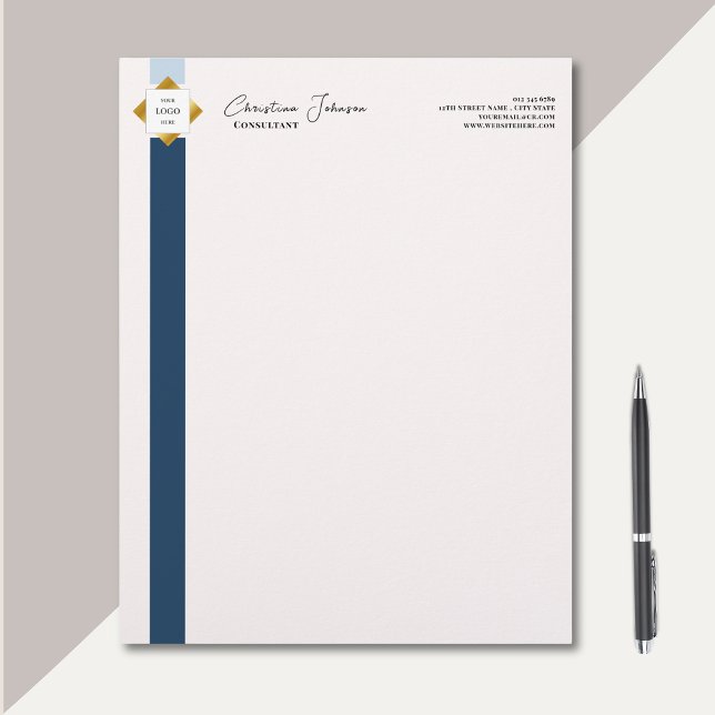 Trendy Blue Stripes Gold Logo Notepad (Creator Uploaded)