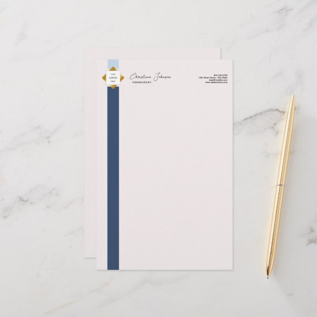 Trendy Blue Stripes Gold Logo Stationery (Front/Back In Situ)