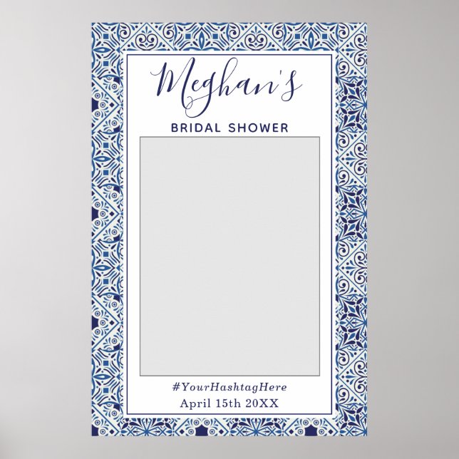 Trendy Blue tiles Bridal Shower Photo Booth Poster (Front)