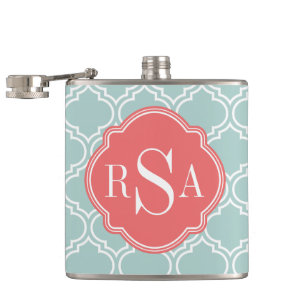Trendy Blue Trellis Pattern Coral Monogram Hip Flask