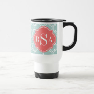 Trendy Blue Trellis Pattern Coral Monogram Travel Mug