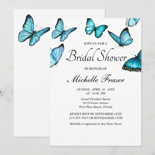 Trendy blue watercolor butterflies bridal Shower Invitation (Front/Back)