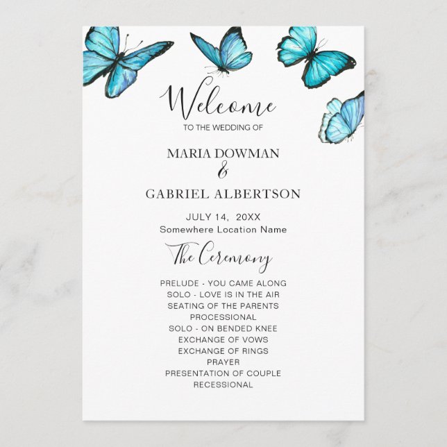 Trendy blue watercolor butterflies. Nature Wedding Programme (Front)