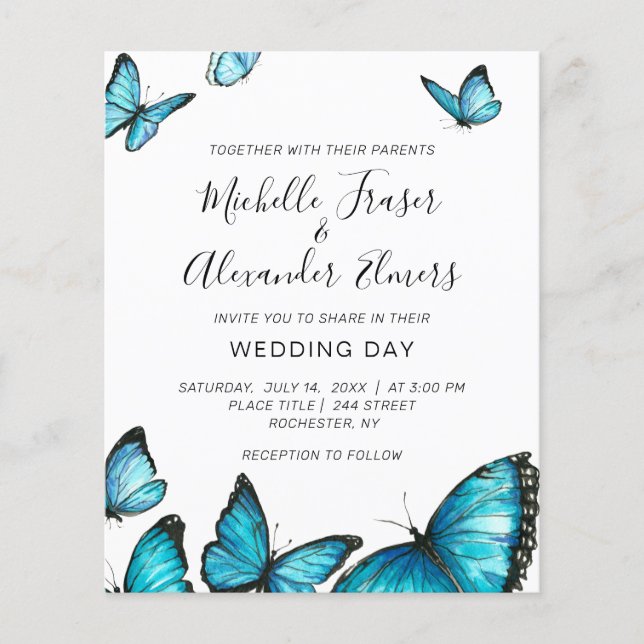 Trendy blue watercolor butterflies. Wedding Invita Flyer (Front)