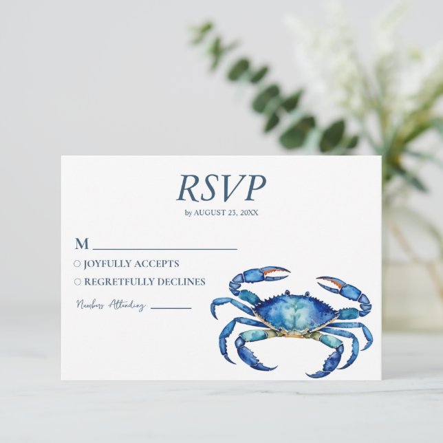 Trendy Blue Watercolor Crab Nautical Beach Wedding RSVP Card (Standing Front)