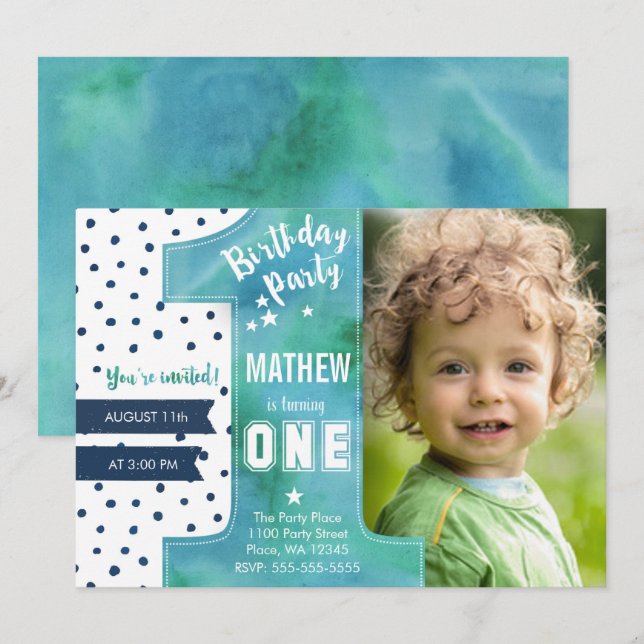 Trendy | Blue | Watercolour | First Birthday | Invitation (Front/Back)