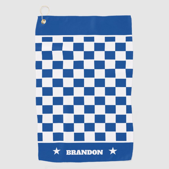 Trendy Blue White Chequered Pattern & Stars Custom Golf Towel (Front)