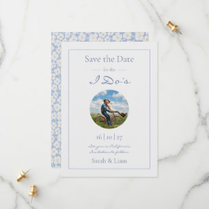 Trendy Blue & White Floral Daisy Photo Wedding  Save The Date
