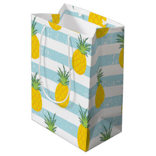 Trendy Blue White Stripes Pineapple Pattern Medium Gift Bag