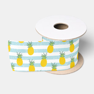 Trendy Blue White Stripes Pineapple Pattern Satin Ribbon