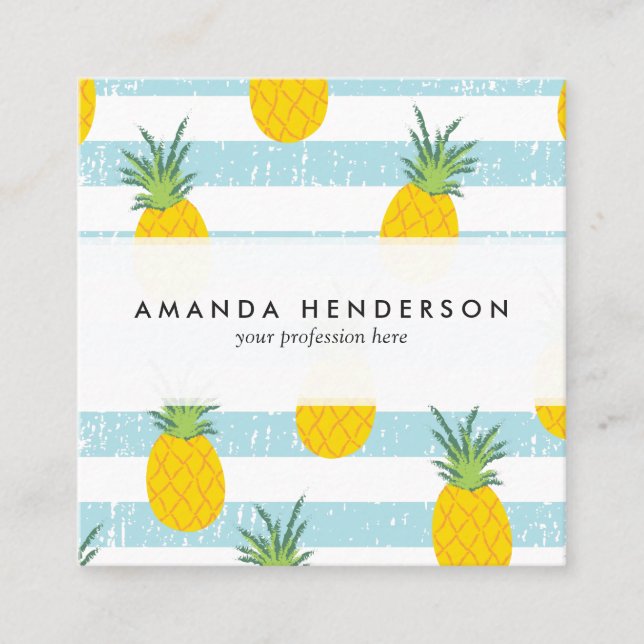 Trendy Blue White Stripes Pineapple Pattern Square Business Card (Front)
