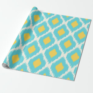 Trendy Blue Yellow Aztec Ikat Tribal Pattern Wrapping Paper