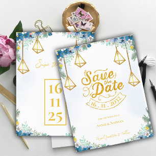 Trendy Blue Yellow Floral With Lanterns Wedding  Announcement Postcard