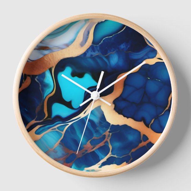 Trendy Blue yellow Gold faux marble  Clock (Front)