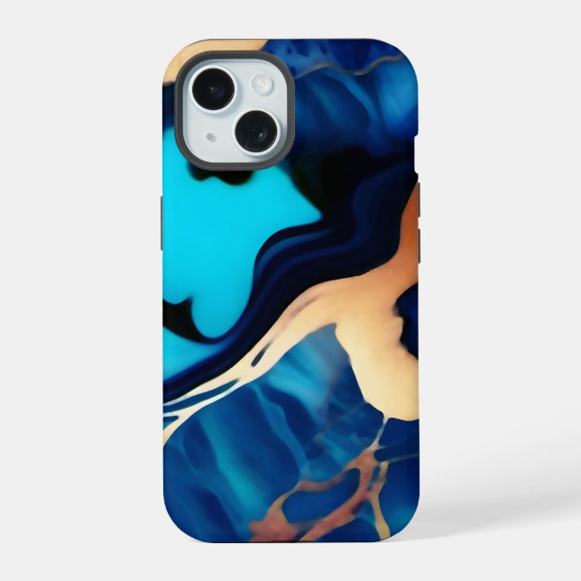 Trendy Blue yellow Gold faux marble  iPhone 15 Case (Back)