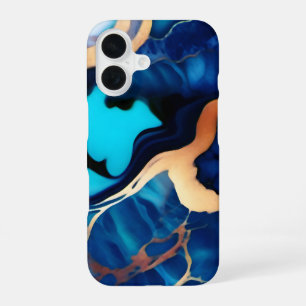 Trendy Blue yellow Gold faux marble iPhone 16 Case
